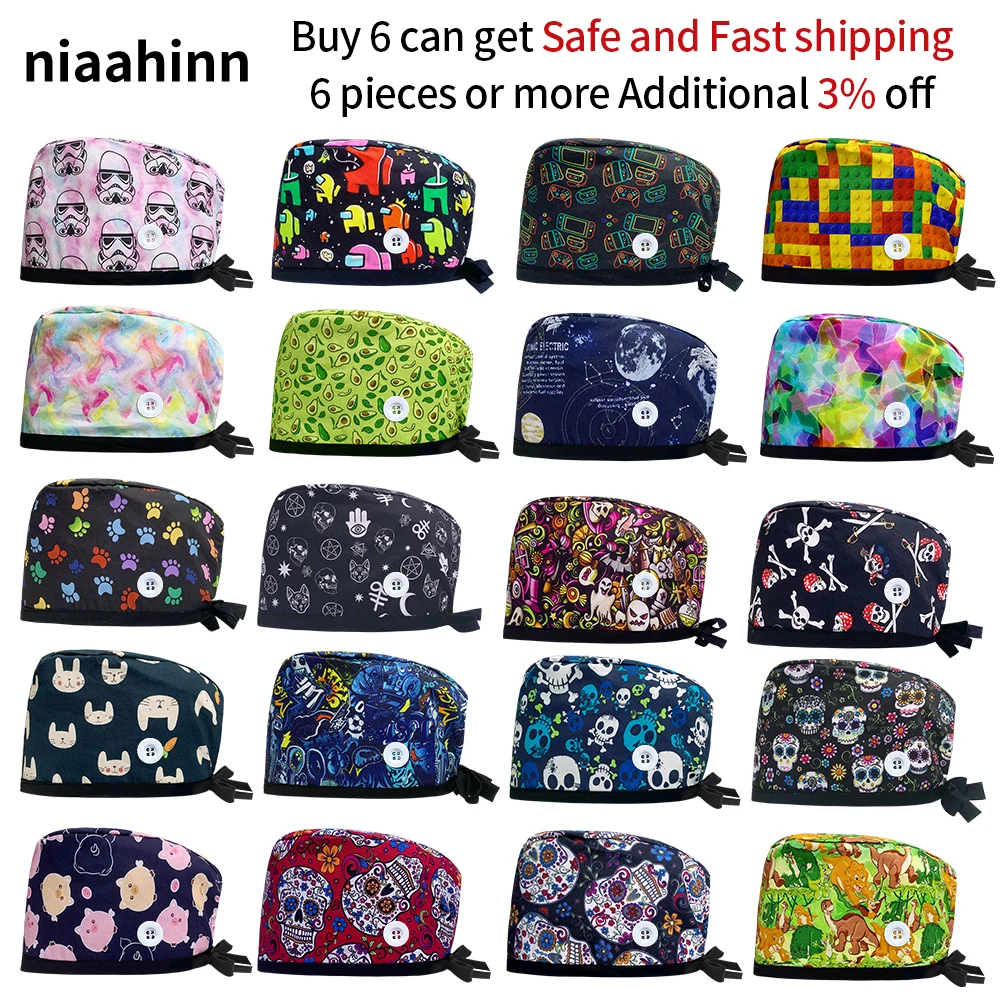 

20 Colors Unisex Adjustable Working Scrub Caps with Protect Ears Button Cartooon Print Cute Hats for Women Hospital Work Bonnets