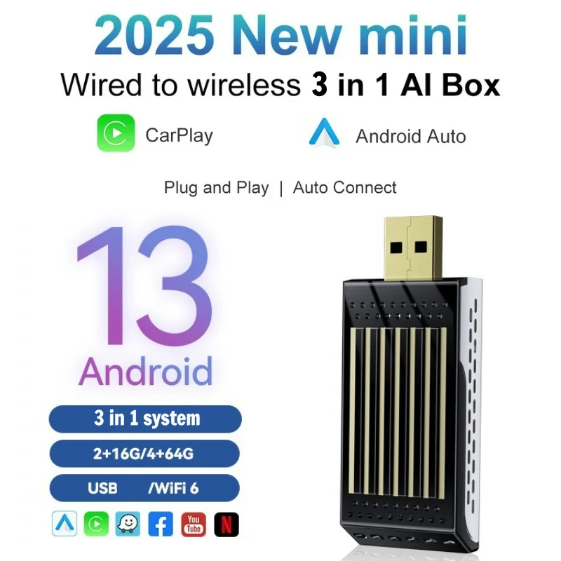 Автомобильный AI-бокс 3 в 1 беспроводной адаптер Carplay для Apple iOS Android Auto Smart USB Plug and Play