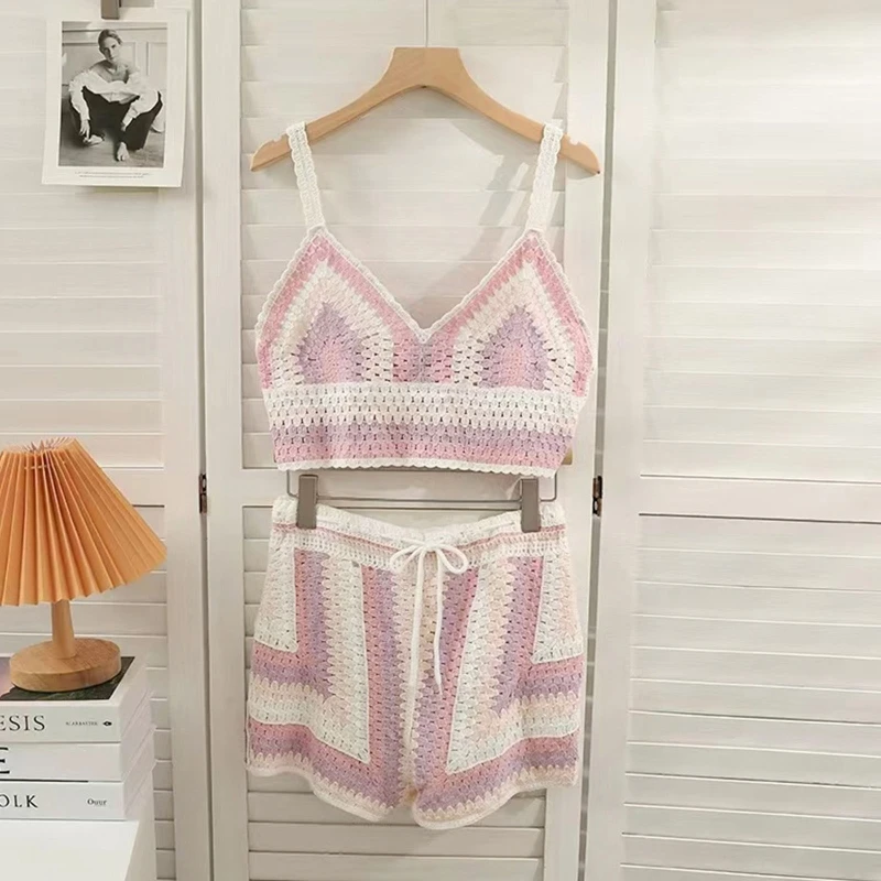 

Kintted Shorts - Two Piece Shorts Set Crop Tops + Drawstring Shorts Suits Sleeveless Crochet Tank Top Vest for Women