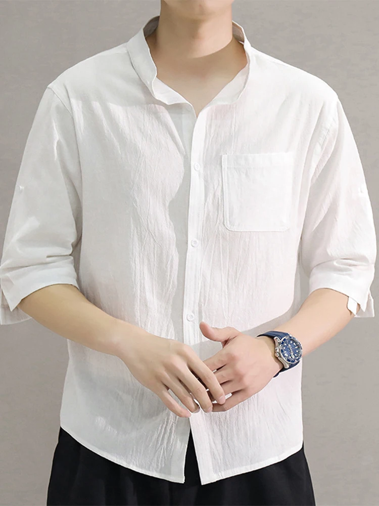 

Мужская однобортная футболка с длинным рукавом, белая однотонная рубашка с воротником с лацканами, лето 2022