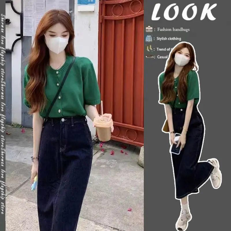 

Women's summer suit female 2023 new waist thin ageing short-sleeved half-body skirt two-piece tide