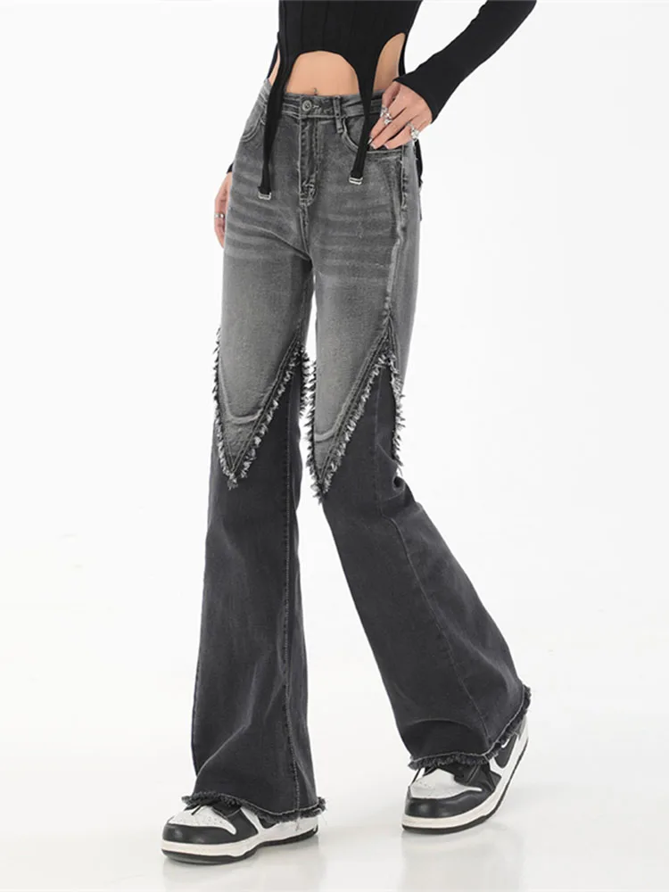 

Vintage Tassels Contrast Color Patchwork Flared Jeans Ladies Stretch High Waist Skinny Denim Trousers Mujer Fashion Denim Pants
