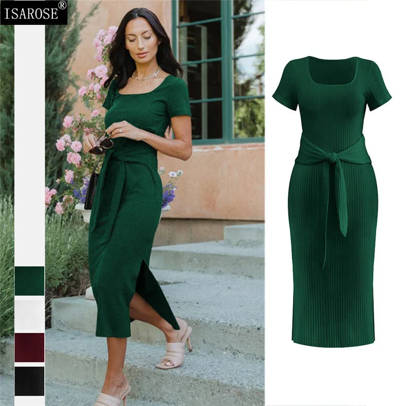 

ISAROSE 2022 Summer Dress Women Ribbing Knitted Solid Color Square Neck Short Sleeve Bandage Belted Casual Dresses with Slit
