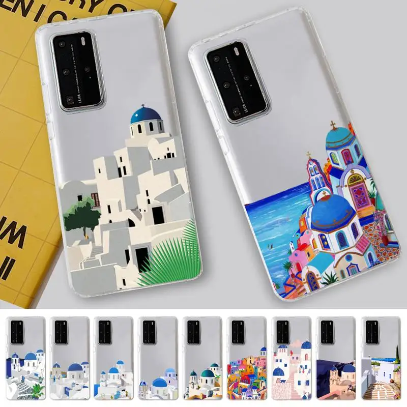 

Oia Santorini Greece Church Hand Painted Phone Case For Huawei P 20 30 40 pro lite Psmart2019 Honor 8 10 20 Y5 6 2019 Nova3E