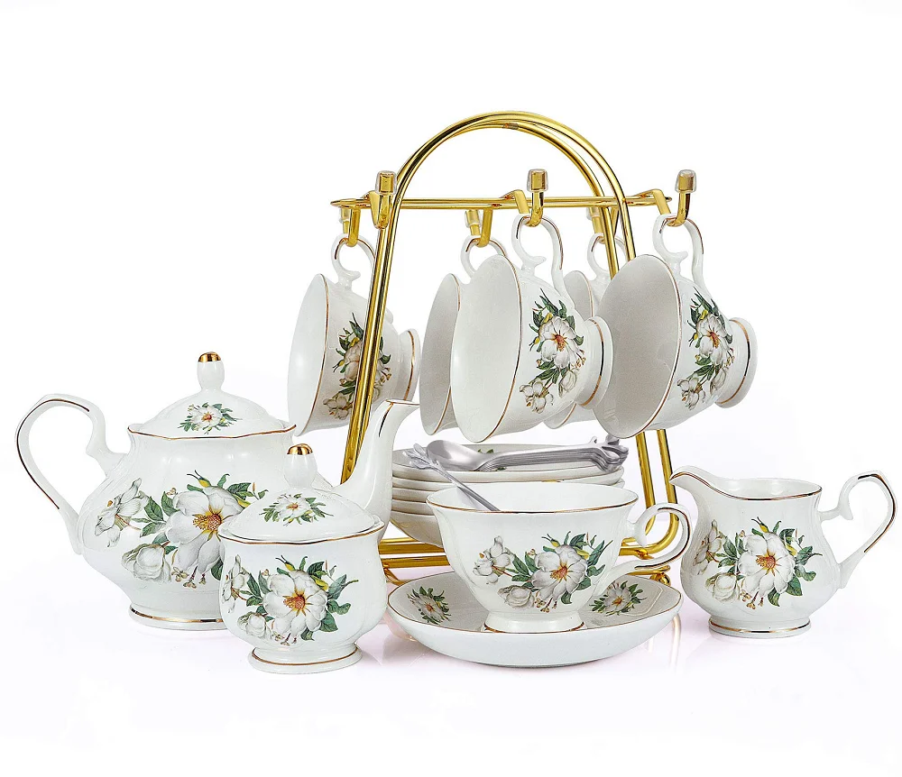 

22 Pieces Porcelain Ceramic Coffee Tea Gift Sets Teaware Reunion Cups Saucer Teapot Sugar Bowl Creamer Pitcher Teaspoons Party