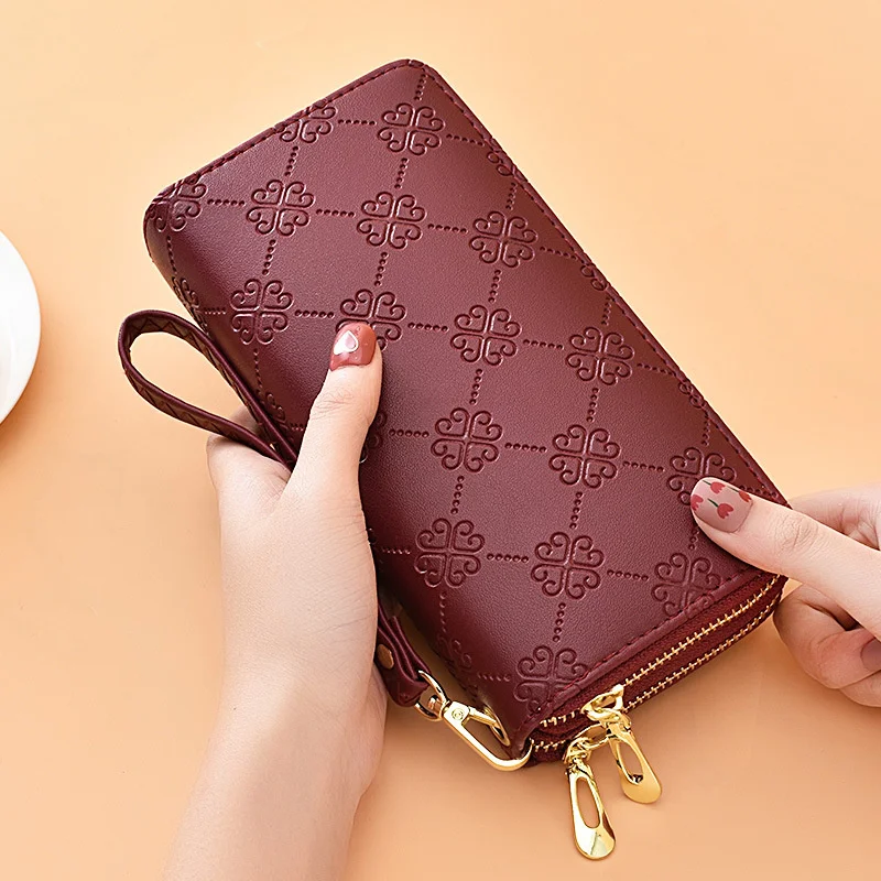 Wallet women's long bright leather double zipper hand bag large capacity double layer mobile phone bag frosted wrist band Wallet