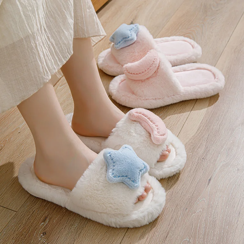 

Open Ended Cotton Slippers Winter Home Indoor Furry Slippers Cute Star Moon Plush Slippers Home Warmth Fluffy Fur Slippers Women