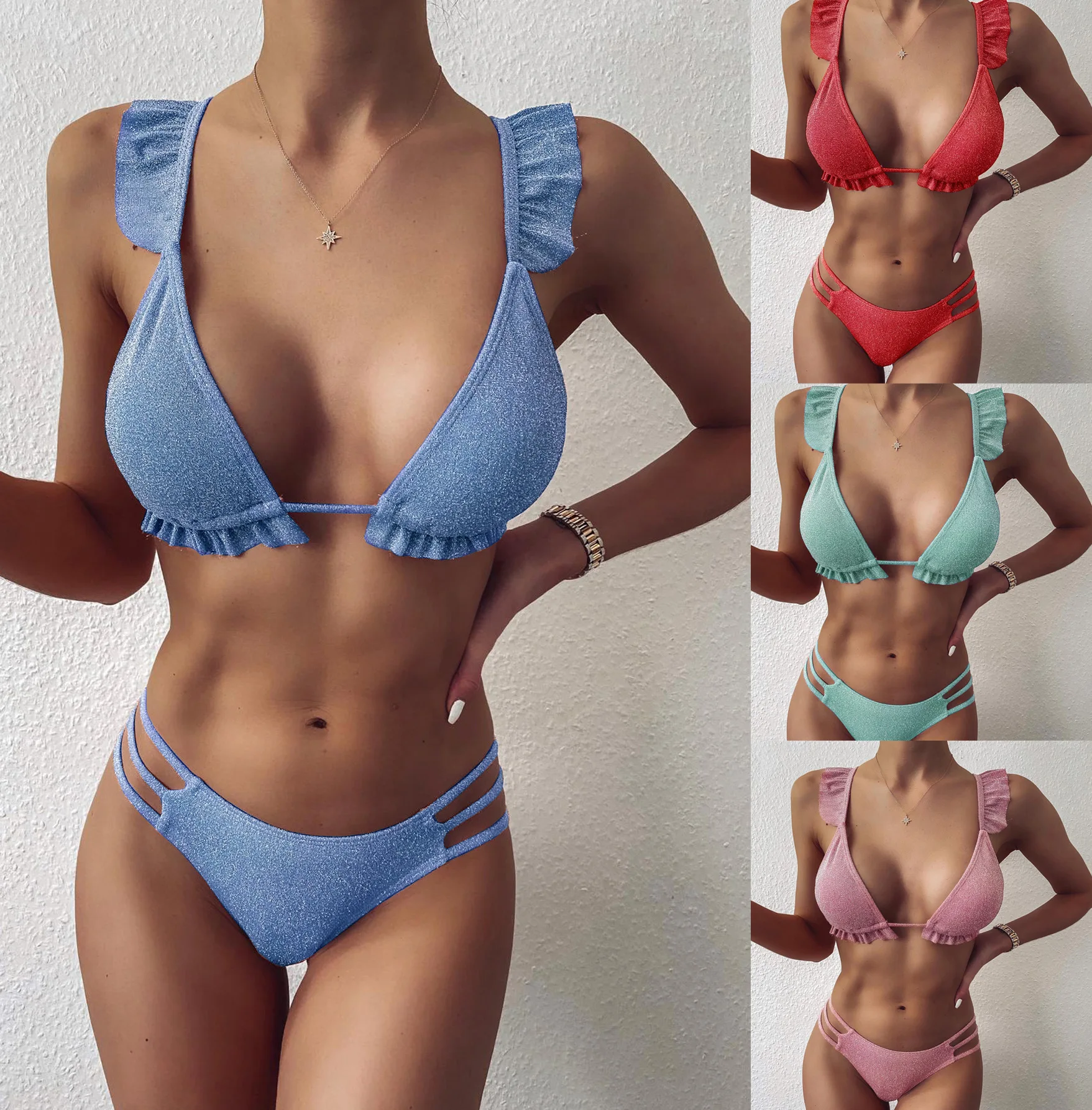 2021 Sexy Push-up Bikini Suit Bodybuilding Swimwear Ladies Open Back Solid Color Ruffled Beach Suit Bikini