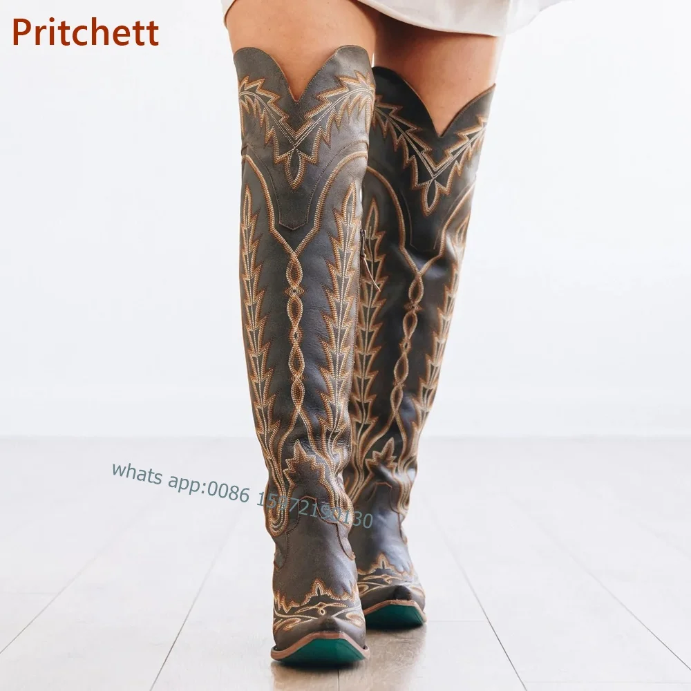 Женские ковбойские сапоги с принтом высокие до колена на квадратном каблуке