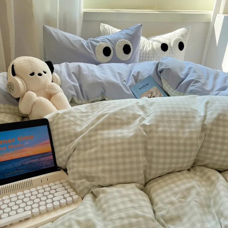 INS Solid Quilt Cover Washed Cotton Student Three-Piece Single Double E-Person Four-Piece Set Bed Sheet Bed...