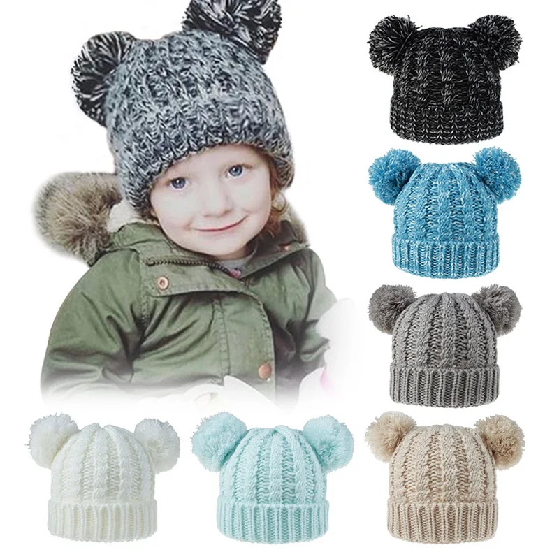 

Winter Warm Boy Girls Natural Fur Ball Beanie Kids Caps Baby Knit Hat Double Faux Fur Pom Pom Hats Two Fur Pompoms Bonnets