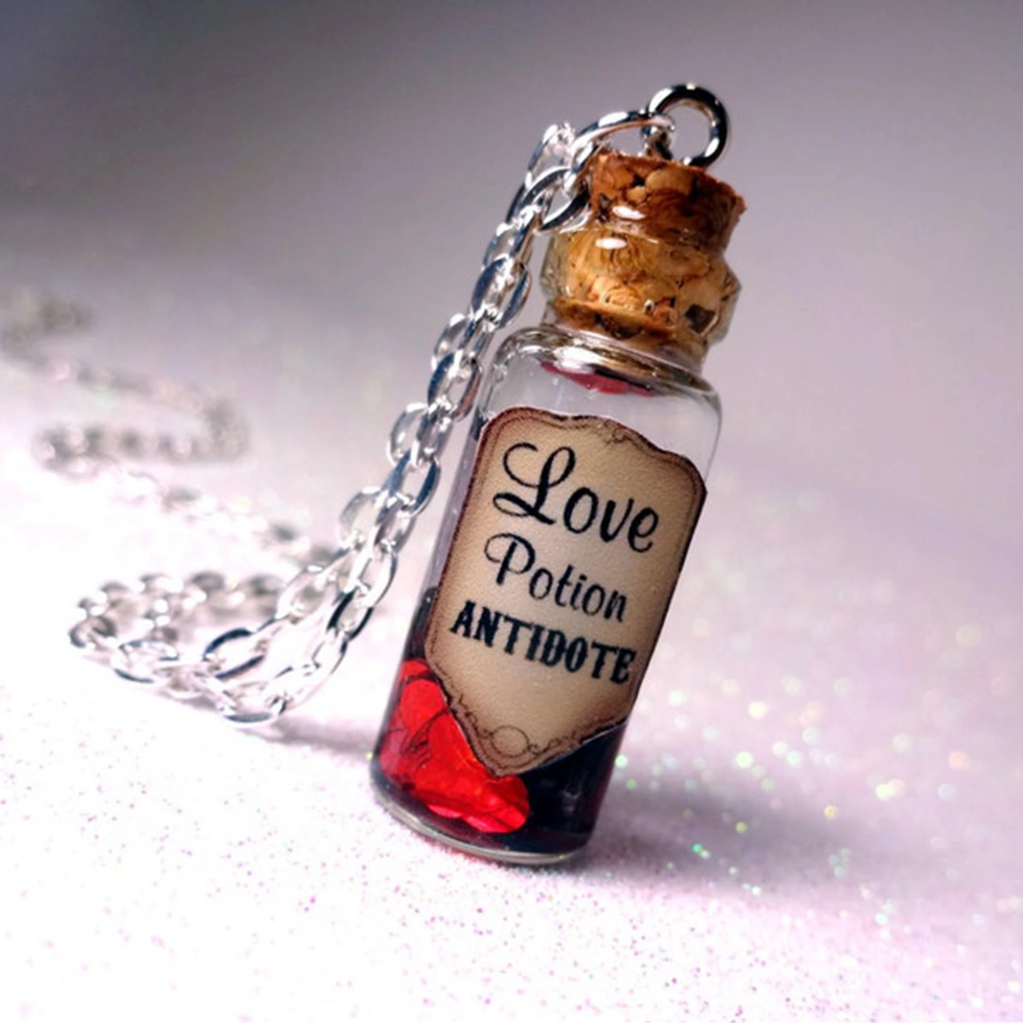 Love Potion Antidote Glass Bottle Cork Necklace Potion Vial Charm Liquid Shimmer Magic Spells