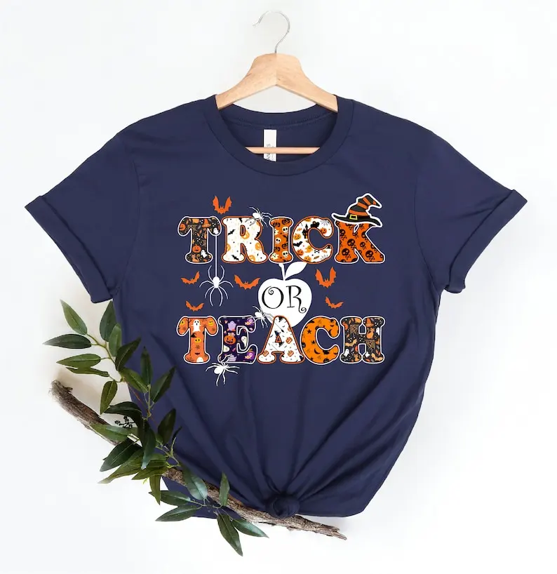 

Halloween Teacher Shirt, Trick Or Teach Funny Halloween Shirt Gift Kindergarten Short Sleeve Top Tees O Neck 100% cctton kawaii