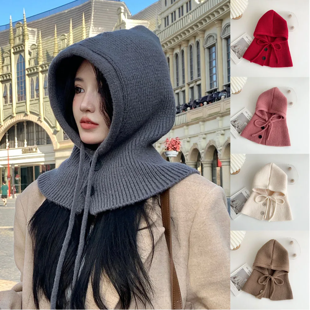 

Женская вязаная шапка, шарф, цельный снуд, воротник, глушитель, шапка, пуговицы, шнурок, теплый шарф-кольцо, ветрозащитный шарф для улицы, лыж, с капюшоном