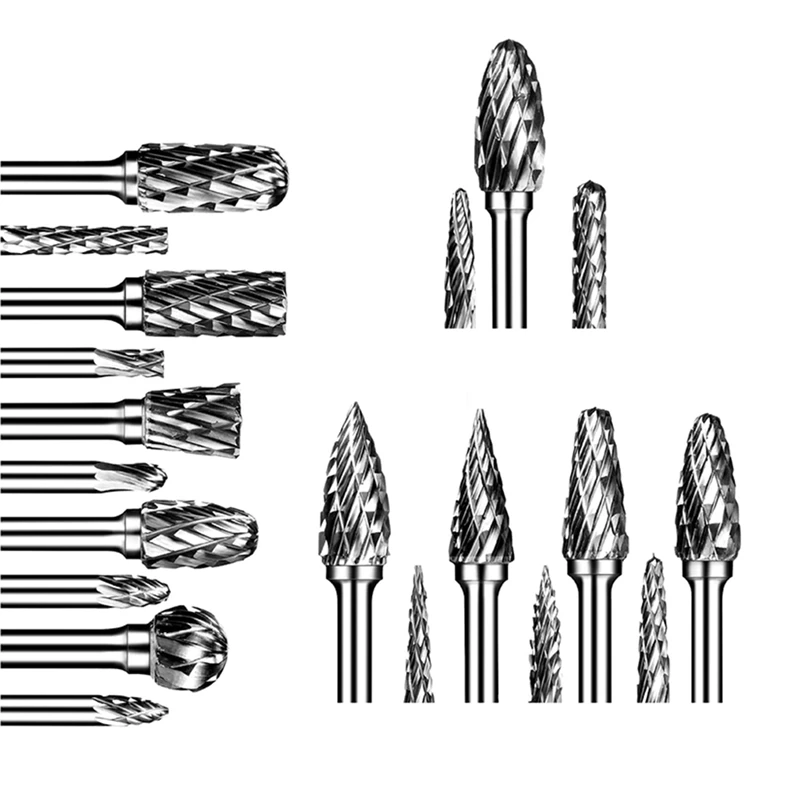 Double Cut Carbide Rotary Burr Set 20Pcs Die Grinder Bits 1 8 Inch Shank Tungsten Carbide Cutting Burrs For Wood Working
