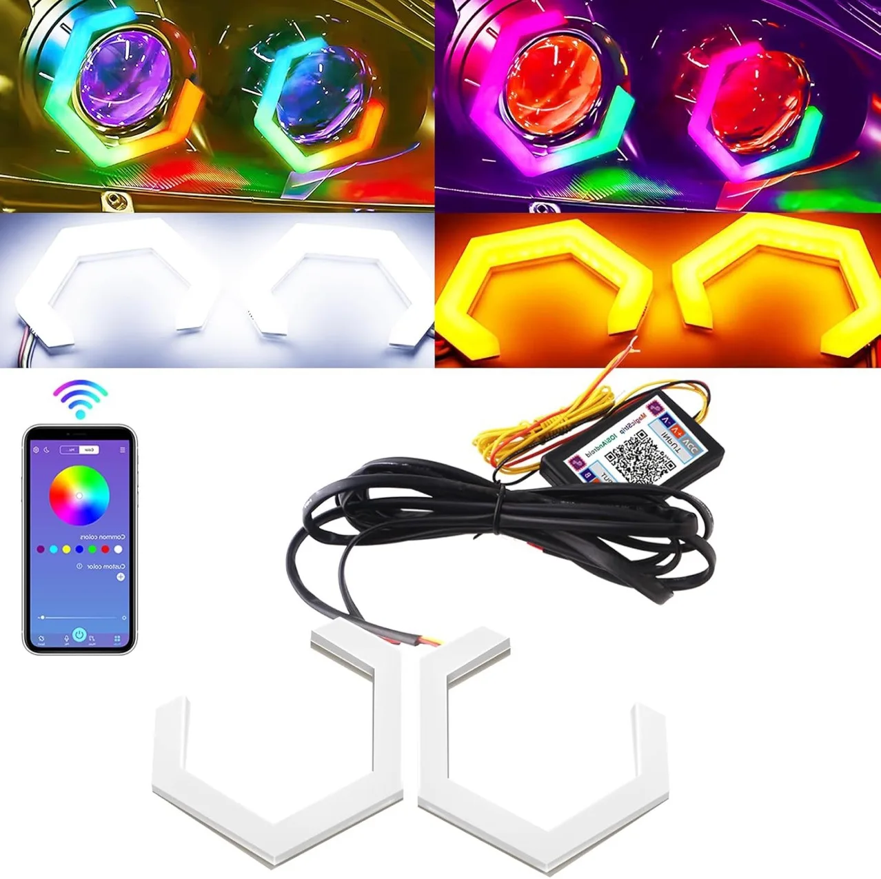 Фото 2 шт. RGB APP Control Hexagon Angel Eyes Halo Rings Модернизированная фара автомобиля Мотоцикл Белый DRL + Янтарный указатель поворота 12 В 24 В №2