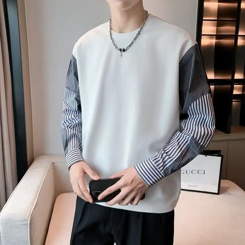 

Fake Two-piece Long Sleeved Sweatshirt Men's Top Handsome Casual Korean Version Contrasting Color Patchwork Bottoming Shirt
