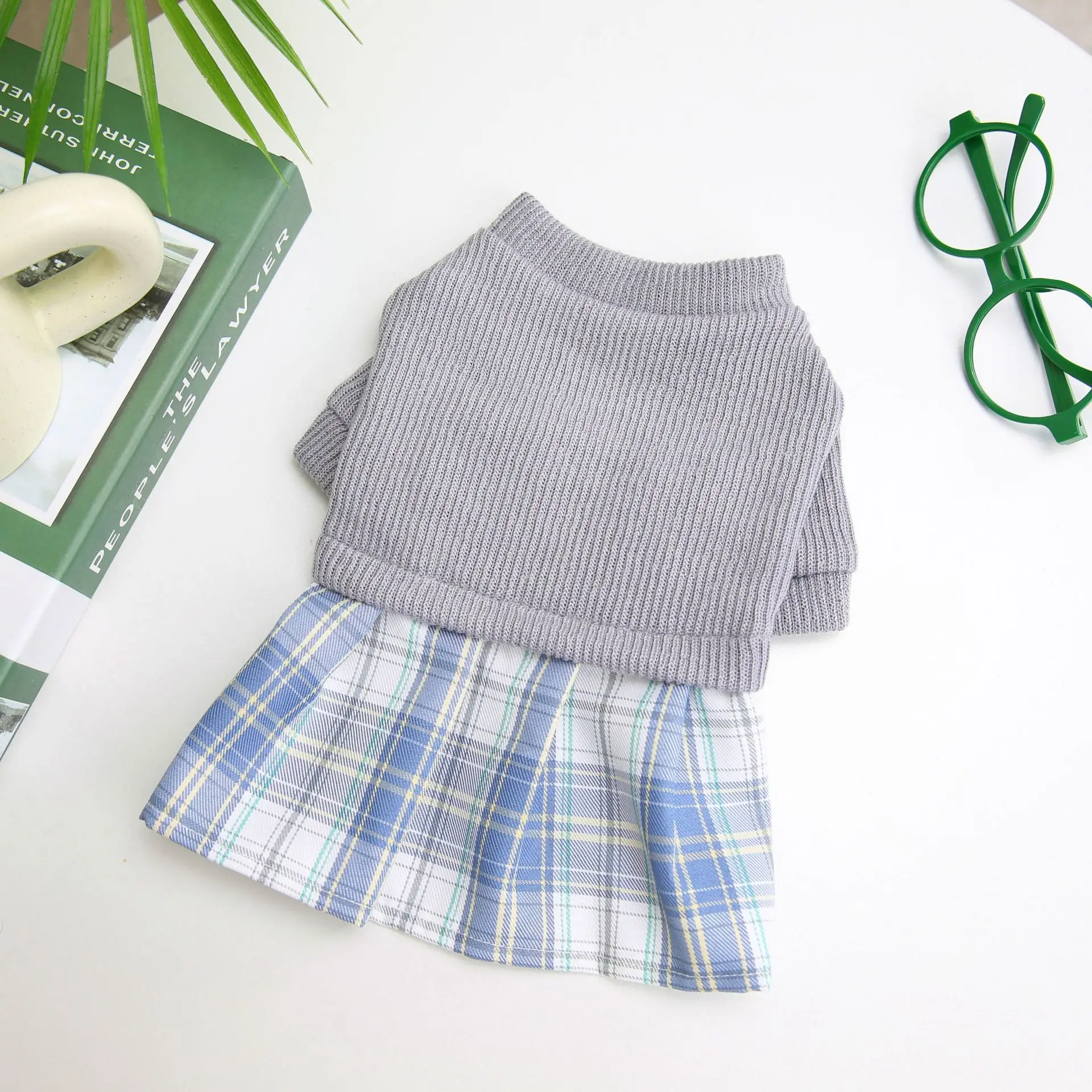 

Dog Sweater with Plaid Skirt Wool Casual Warm Jumpsuit for Small Medium Dogs Autumn Winter Puppy Clothes Pet Loose Couple Outfit