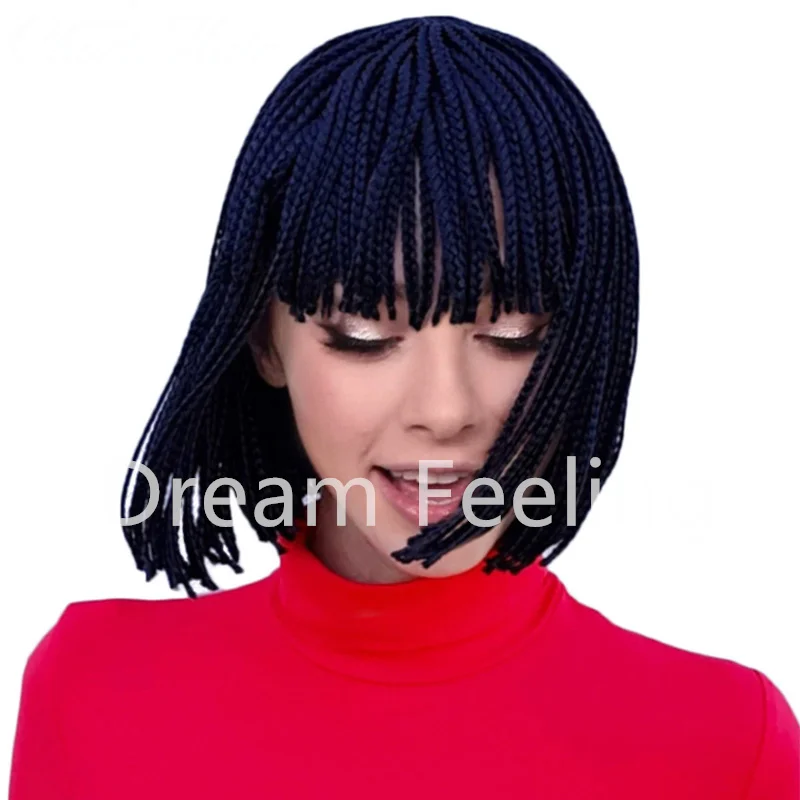 

12Inches Short Braided Wigs Heat Resistant Crochet Box Braided Bob Wig With Bangs African Synthetic Braiding Hair Wig