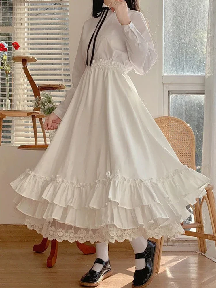 

Юбка женская кружевная двухслойная, длинная свободная Милая юбка-трапеция с оборками в японском стиле, в стиле преппи, белого цвета