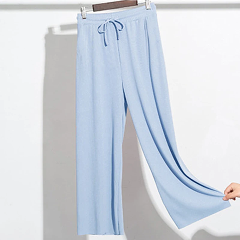 

Женские летние свободные мягкие шелковые брюки до щиколотки, черные широкие серые хаки эластичные брюки с высокой талией