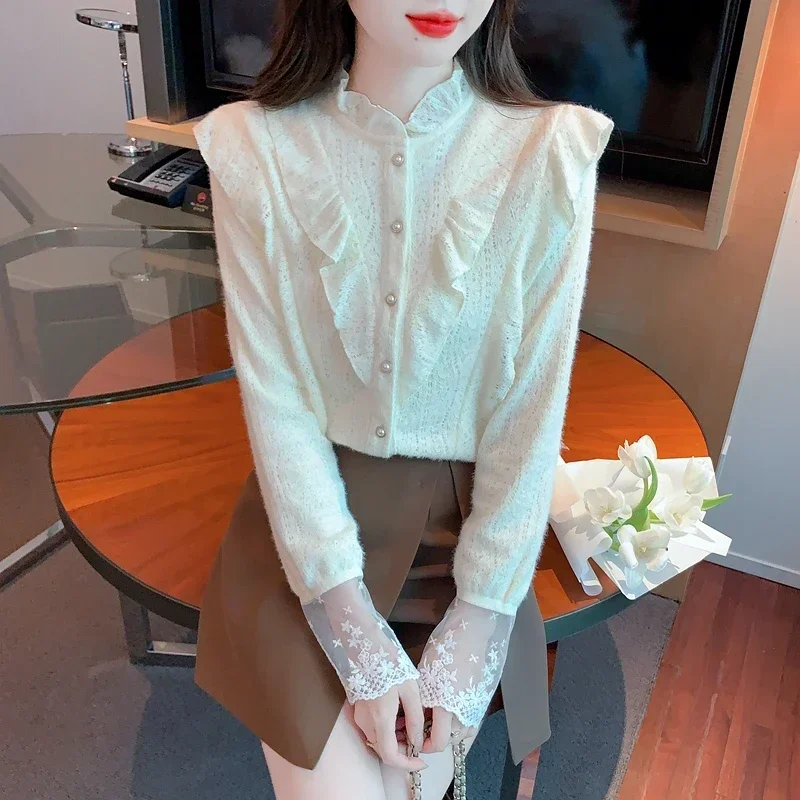 Зимняя модная женская рубашка с рюшами и длинными рукавами бархатная утепленная