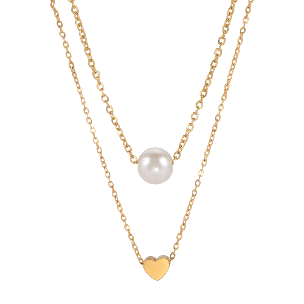 

Fashion Women's Pearl Necklace Stainless Steel Double Layer Chain Necklace with Heart New Trend Jewelry for Wedding Gift