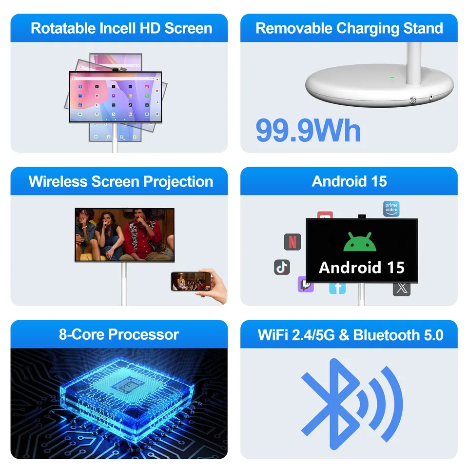 Фото Интерактивная LED-панель серебристо-серого цвета, перезаряжаемая, умная цифровая вывеска, 1080P HD, Wi-Fi, портативный 27-дюймовый передвижной дисплей на колесах №5