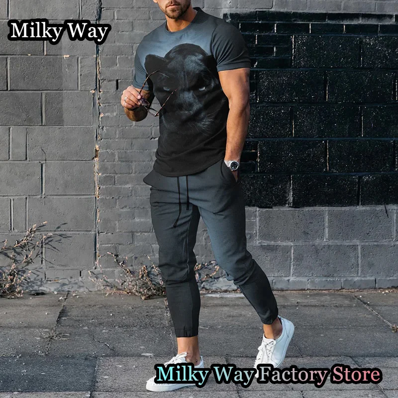 Summer Men Tracksuit 2 Pieces Lion King Printing T-Shirt Trousers Set Casual Jogging Suit Fashion Outfit Male Animal Streetwear