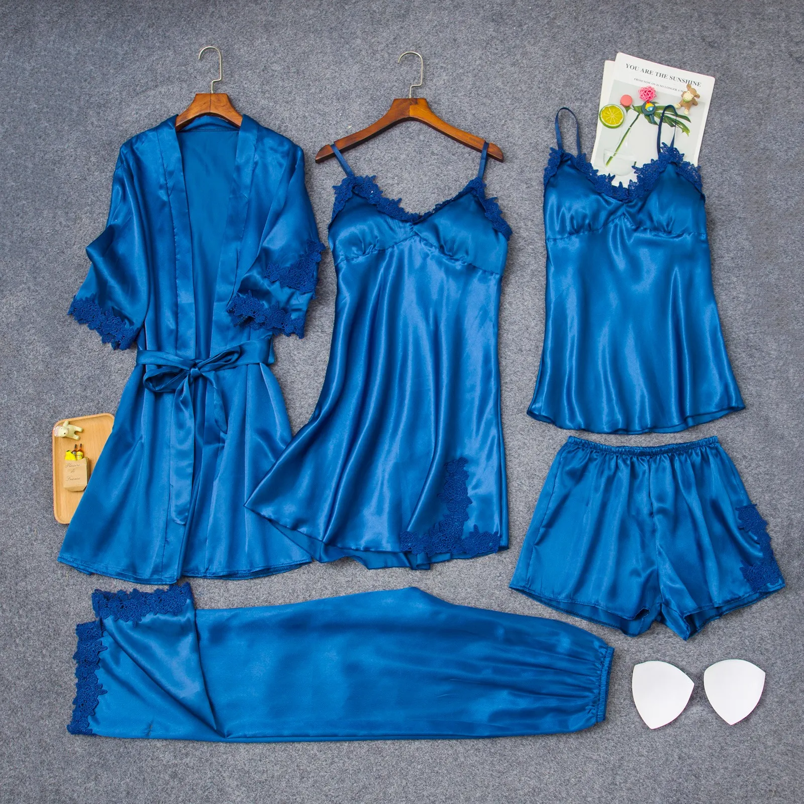 

5 шт., шелковые женские пижамные комплекты, халат, костюм для сна, женский кружевной Атласный пижамный комплект, женская одежда, Весенняя ночная рубашка