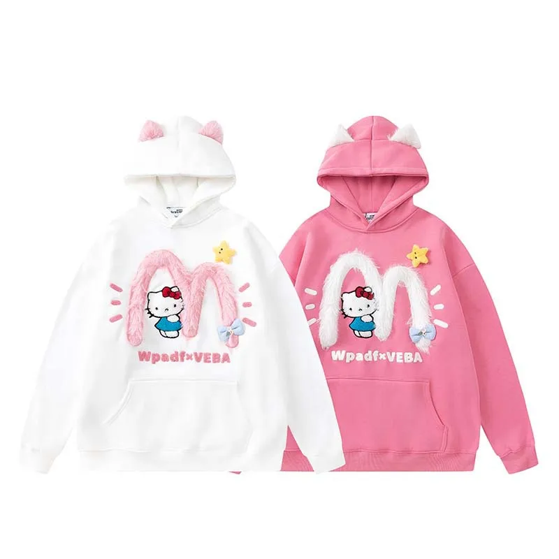 

Женский свитшот в стиле аниме Kawaii Sanrio, Hello Kitty, весенне-осенний свитшот с капюшоном для пары, модный брендовый Свободный Повседневный Свитшот