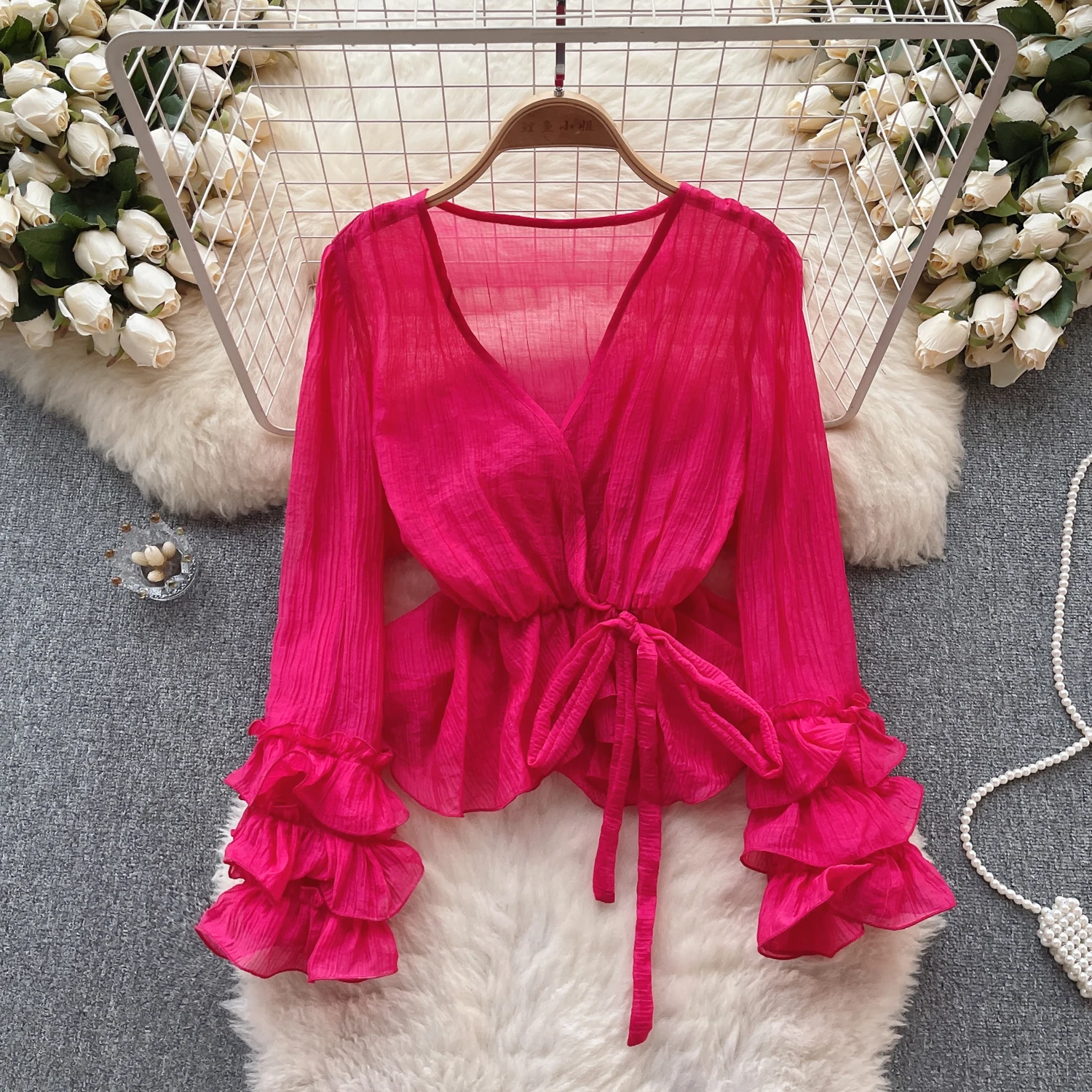 

Vintage Long Sleeve V Neck Blouse Slim Elegant Korean Fashion Lace Up Top Sexy Spring Summer Women Shirt