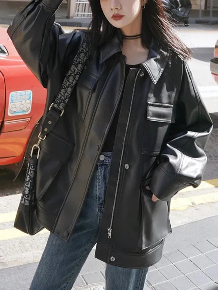 Black Winter Leather Jacket Women High Street Harajuku Zipper Moto Jacket Female Casual Loose Streetwear Warm Oversize Y2k Coat