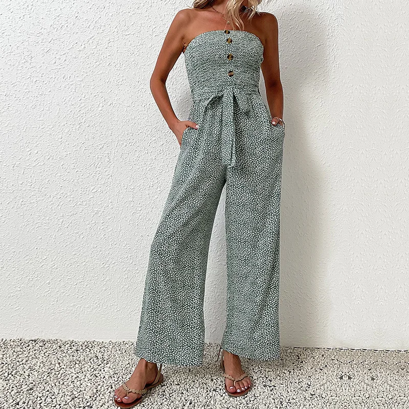 Vacation Casual Bohemian Cotton Linen Jumpsuit Women 2023 Wide Leg Chest Wrapping Lace-up Overalls Rompers Sets