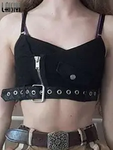 Кроп-Топ женский в стиле панк из ПУ кожи, клетчатый уличный топ на молнии в готическом ретро стиле, майка в стиле хип-хоп, весна-лето 2022