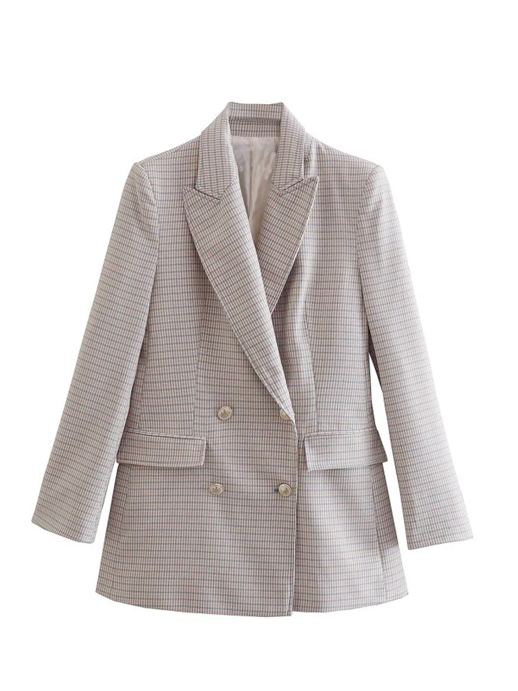 

New 2022 Spring Blazer Women Tweed Double Breasted Blazer Coat Vintage Long Sleeve Flap Pockets Female Outerwear Jacket Women