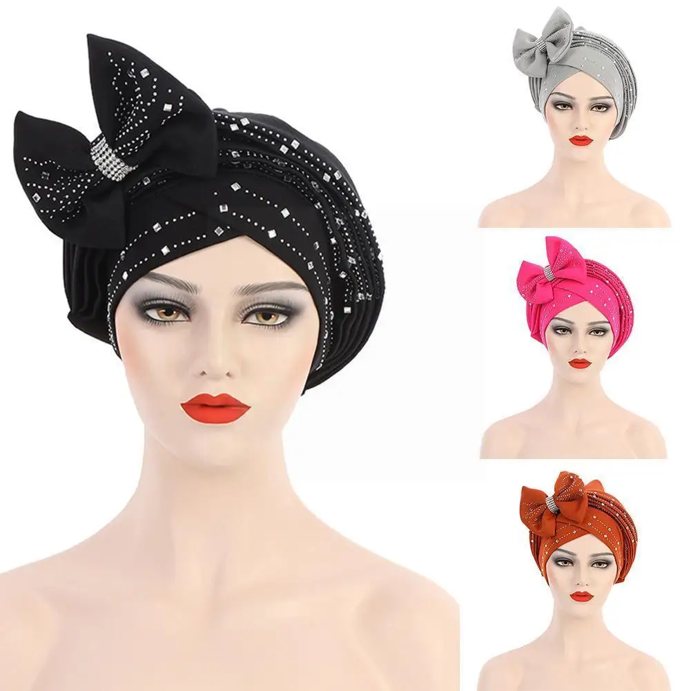 

2021 New Fashion African Headtie Diamonds Wedding Party Headscarf Hijab Instand Caps Women Muslim Turban Headwrap Bow-tie G M8c0