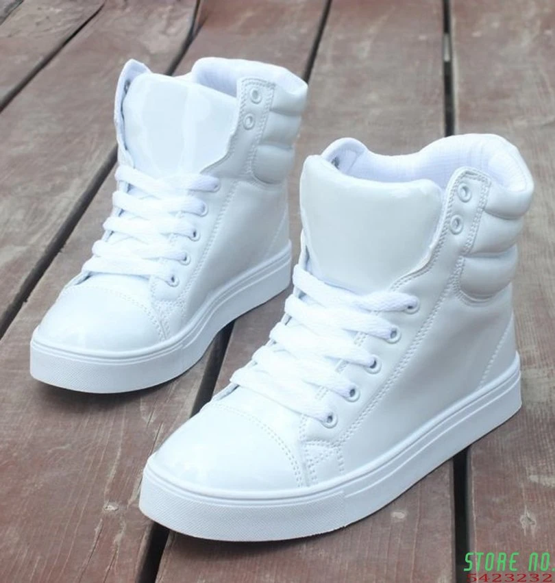 

35-44 Women Fashion Sneakers High Top Lace Up Platform Casual Shoes Flat Heel Shoes Woman Brand Patent Leather Shoes Lovers
