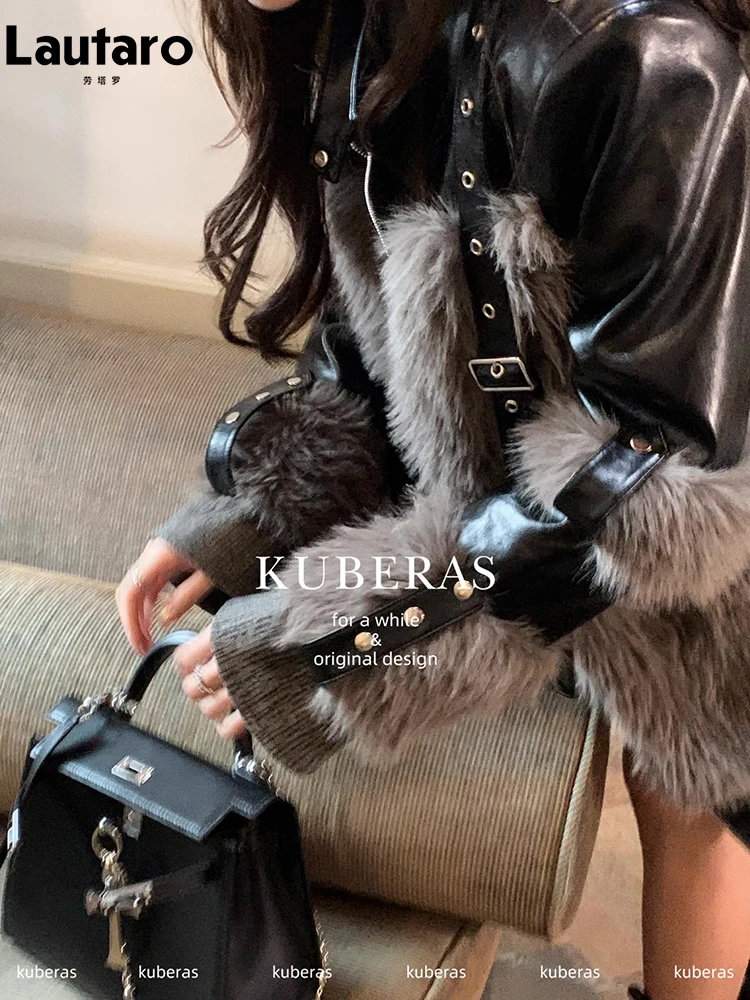 

Lautaro Autumn Winter Cool Loose Stylish Black Pu Leather Patchwork Grey Faux Fur Coat Women Luxury Designer Fluffy Jacket 2023