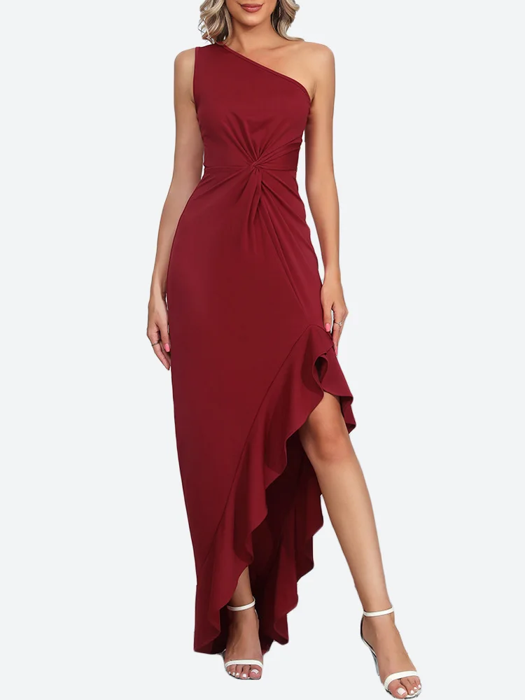 

Benuynffy Women's Sexy One Shoulder Evening Cocktail Party Dress Sleeveless Twist Front Ruffle Hem Mermaid Long Formal Dresses