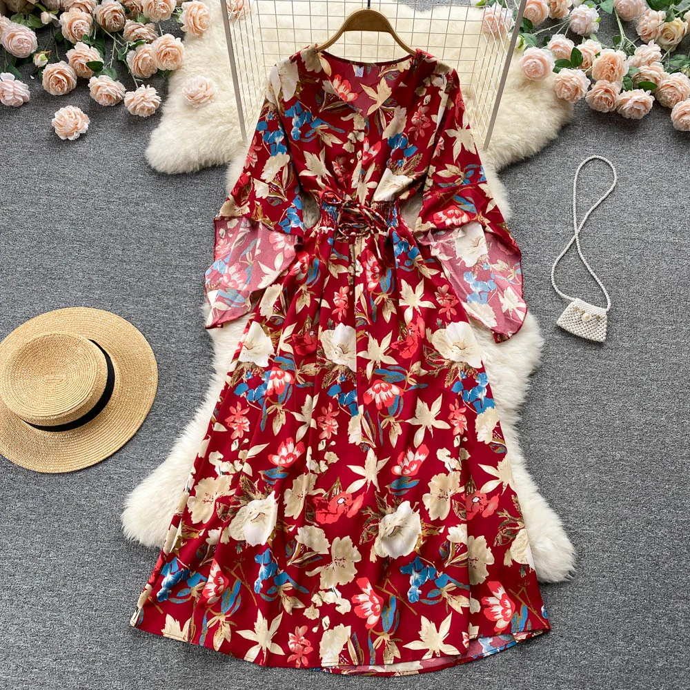 

Floral Lace-up Waist Loose Swing Dress Feminine Temperament 2022 Spring French Gentle Niche Horn-sleeved Long Dress