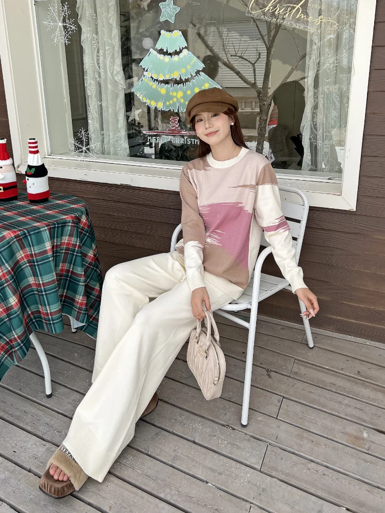 Корейская мода с круглым вырезом контрастных цветов сезон 2024 новые повседневные