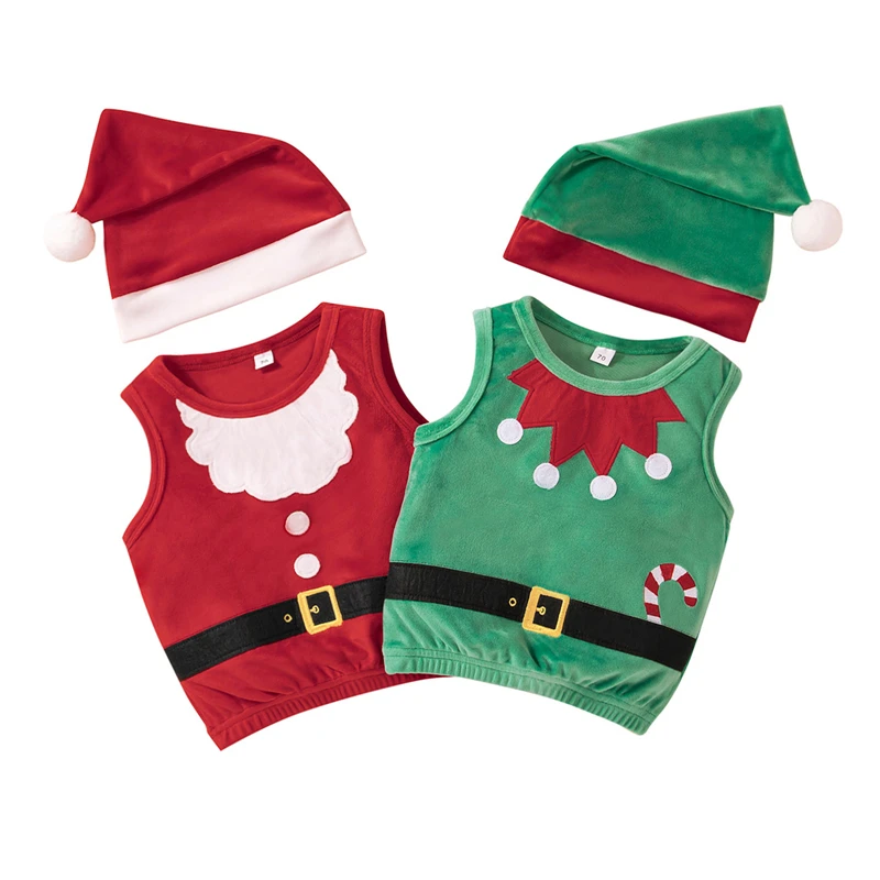 

Baby Vest and Santa Hat for Christmas Cute Boys Girls Patchwork Sleeveless Round Neck Tops Waistcoats Xmas Clothing Outerwear