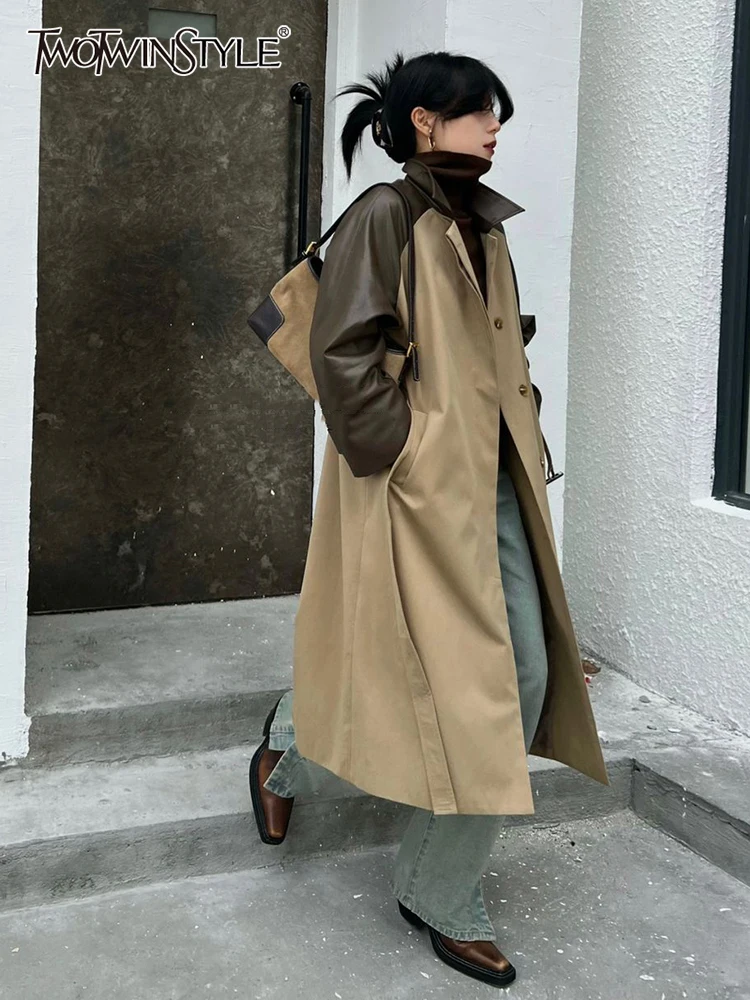 

TWOTWINSTYLE High Street Patchwork Pu Trench For Women Lapel Collar Long Sleeve Single Breasted Loose Coats Female 2022 Clothing