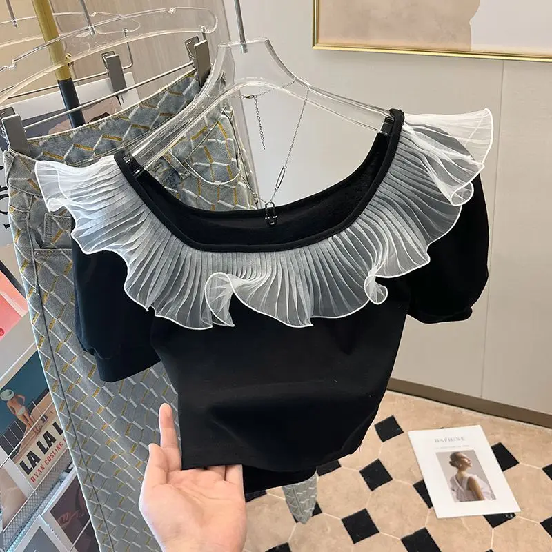 

Pullover Panel Ruffle Knitted Shirt Women's New Summer Design Slim Short Top Women's Fashion shirts