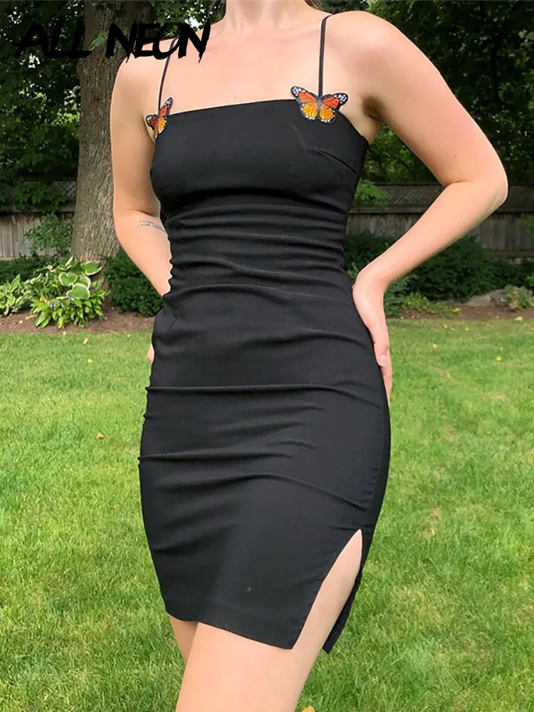

ALLNeon Y2K Cute Vintage Butterfly Applique Trim Black Slip Dress E-girl Streetwear Basic Spaghetti Strap Bodycon A-line Dresses