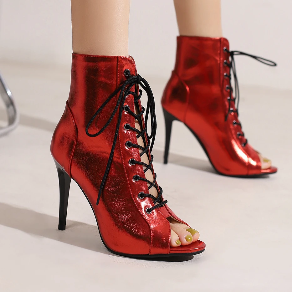 Female 10cm Thin Heels Jazz Latin Dance Shoes Open Toe Ankle Boots For Women Sexy Lace Up Boot Stilettos Party Shoe Ladies Pumps