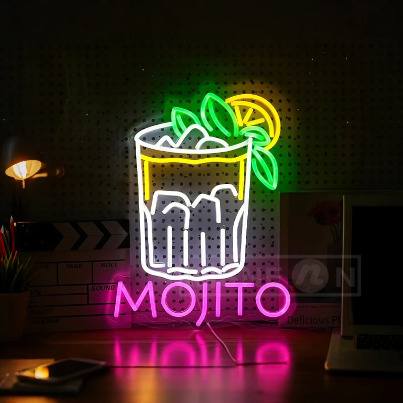 Фото Mojito Коктейль Неоновая Вывеска Светодиодный Настенный Декор с питанием от USB для Бар Клуб Вечеринка Домашний Бар Человек Пещера Украшение Гостиной Неоновый Свет №1