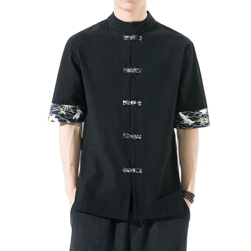 

Мужская рубашка в китайском стиле с принтом журавлей, летняя хлопковая льняная рубашка с рукавом до локтя и воротником мандарин, с пуговица...