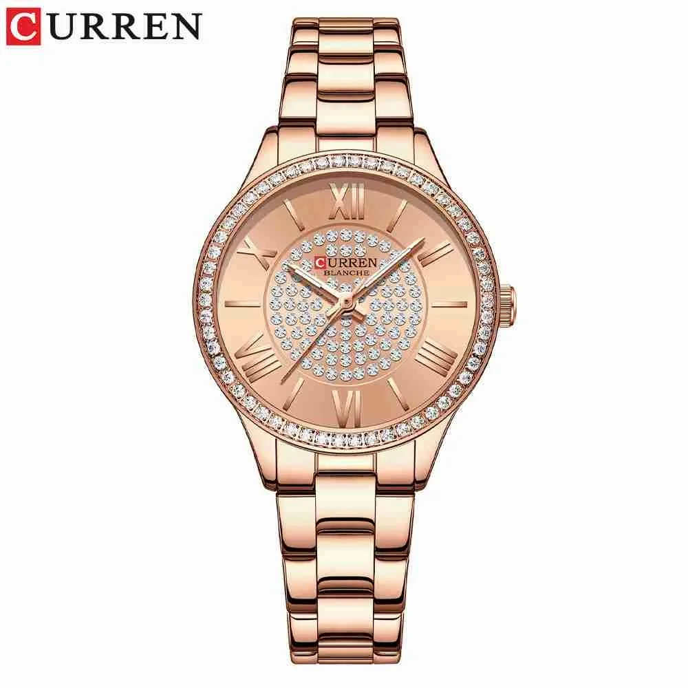 

Luxury Rhinestones Rose Dial Fashion Watches CURREN with Stainless Steel Band New Quartz Wristwatches for Women